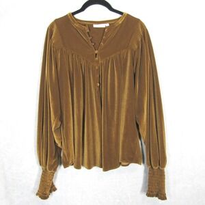 Happy X Nature Top Size Medium Womens Velvet Balloon Sleeve Henley Gold Blouse